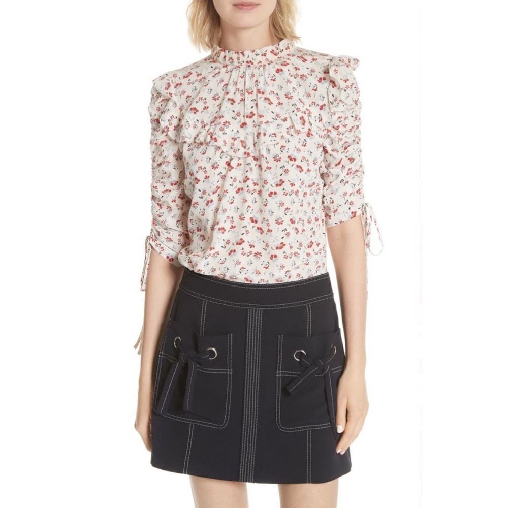 Veronica Beard Howell Floral-print Silk Ruffle‎ Top In White Blouse 4 $395